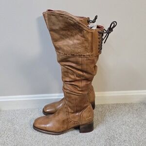 BED|STU Women's Leilani Tall Leather Boots Lace-Up Back Slouch Style Brown Sz 7‎